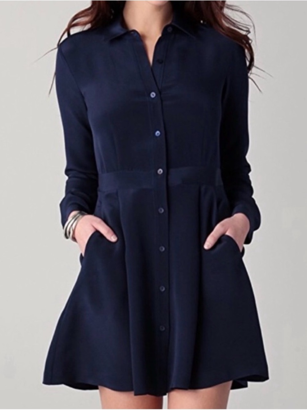 Theory Navy Long-Sleeve Button-Front Shirt Dress